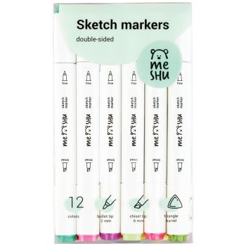 Набор двусторонних маркеров для скетчинга MESHU 12цв., цветочная гамма, корпус трехгранный, пулевид./клиновид.наконечники, ПВХ-бокс